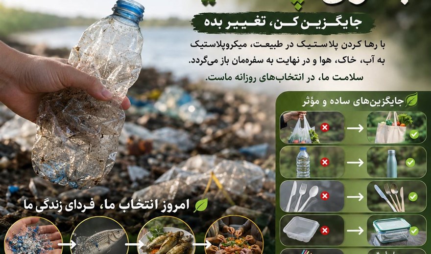 جایگزین کن، تغییر بده  با رها کردن پلاستیک در طبیعت، میکروپلاستیک به سفره‌مان باز می‌گردد.